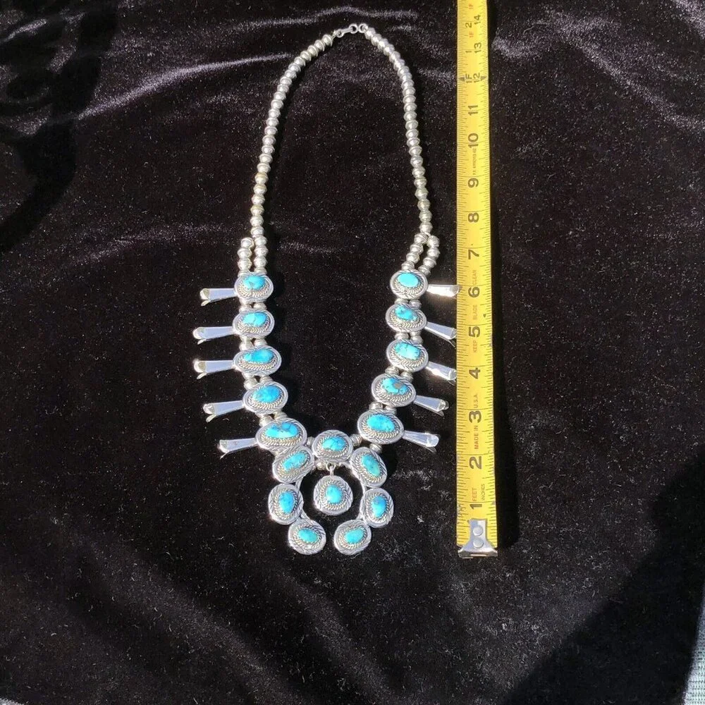 Vintage Sterling Silver Navajo Kingman Turquoise Squash Blossom Necklace Jewelry - Picture 8 of 16